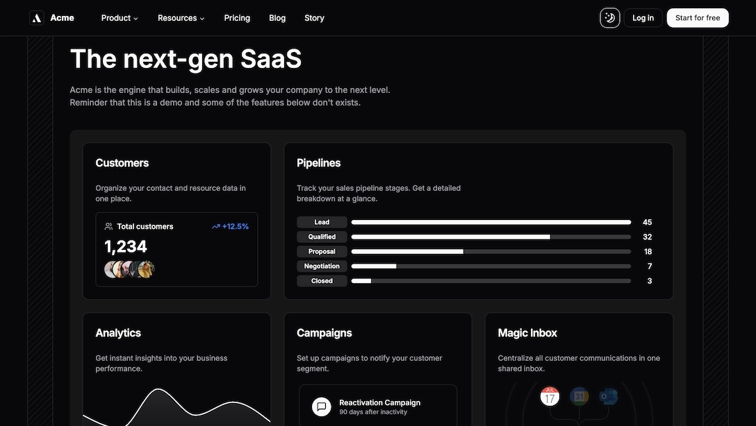 dark landing page bento
