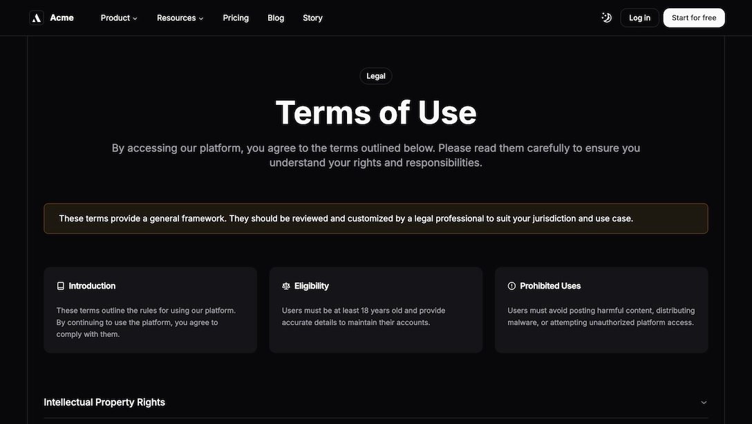dark terms of use page