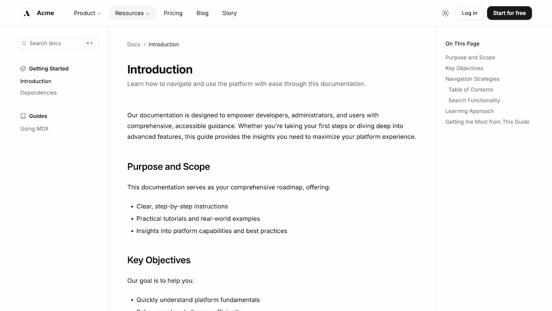 light docs page