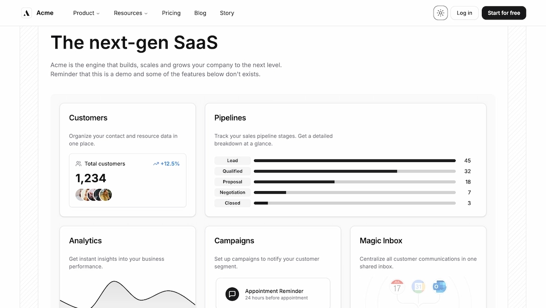 light landing page bento