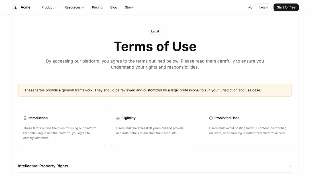 light terms of use page
