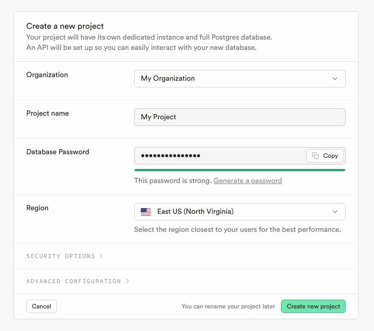 Supabase new project