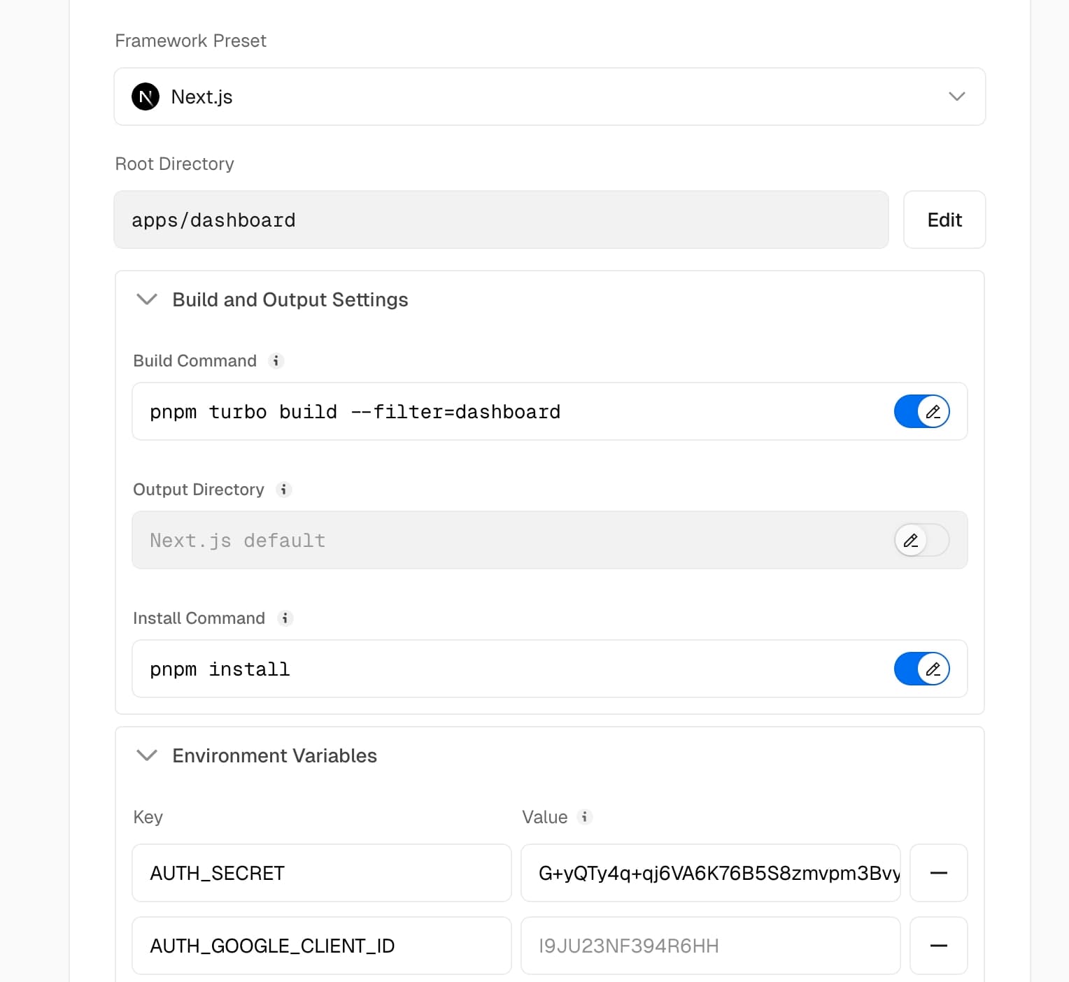 Vercel dashboard app configuration