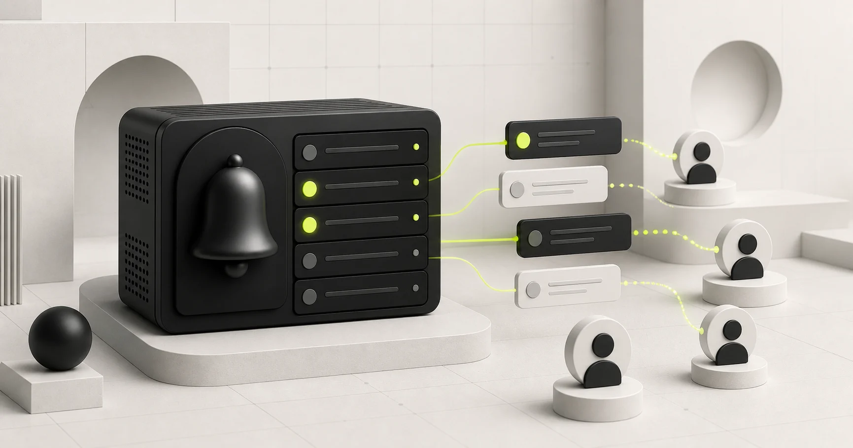A monochrome notification hub distributing unread messages to several user nodes