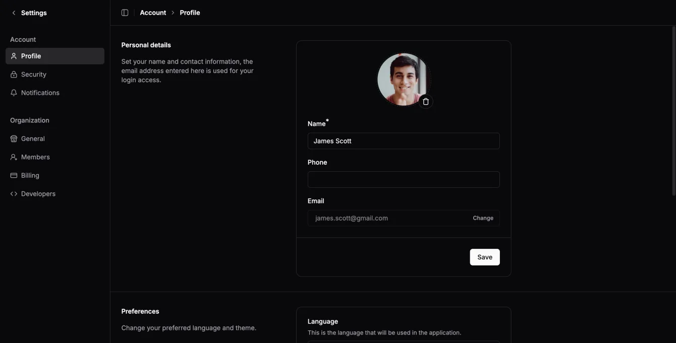Screenshot of Achromatic settings page with profile and account options