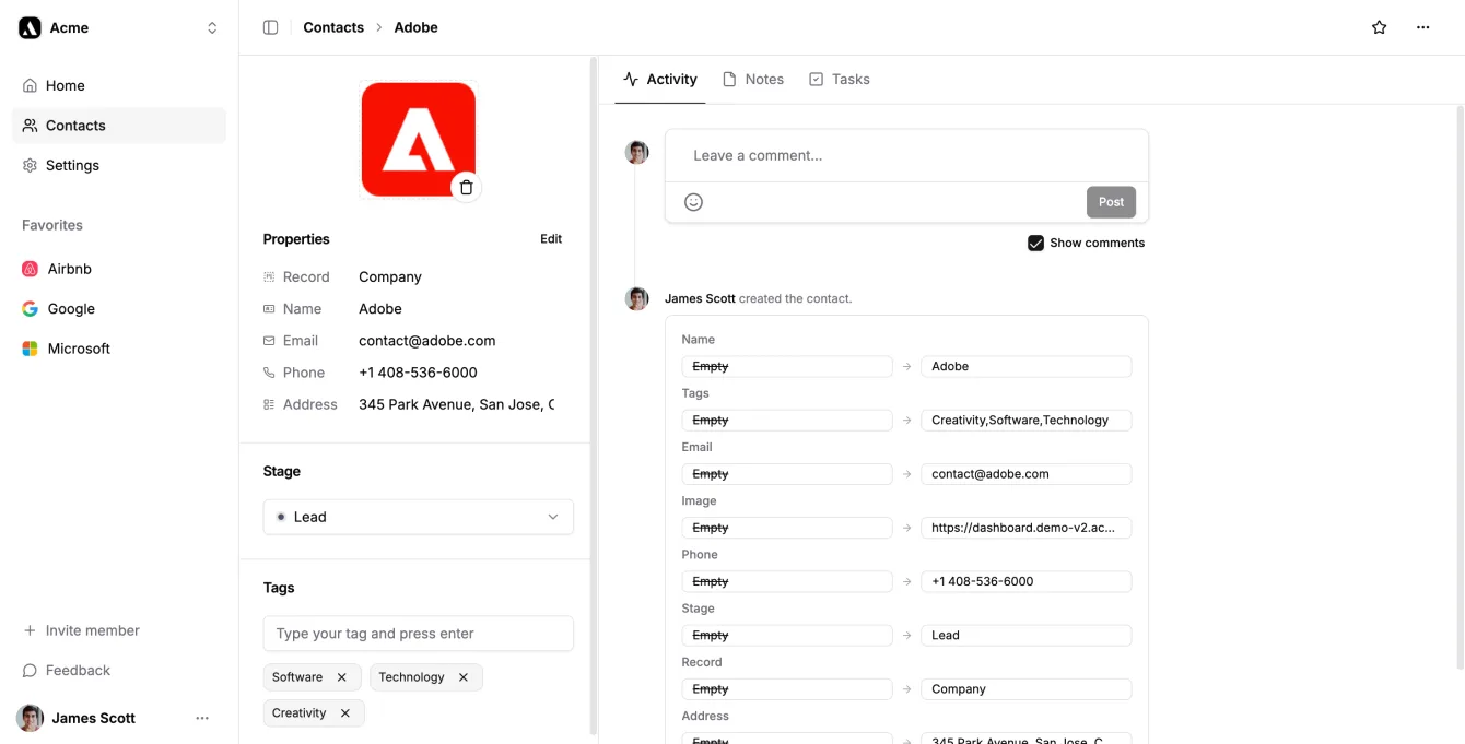 Screenshot of Achromatic contact details page with activity timeline