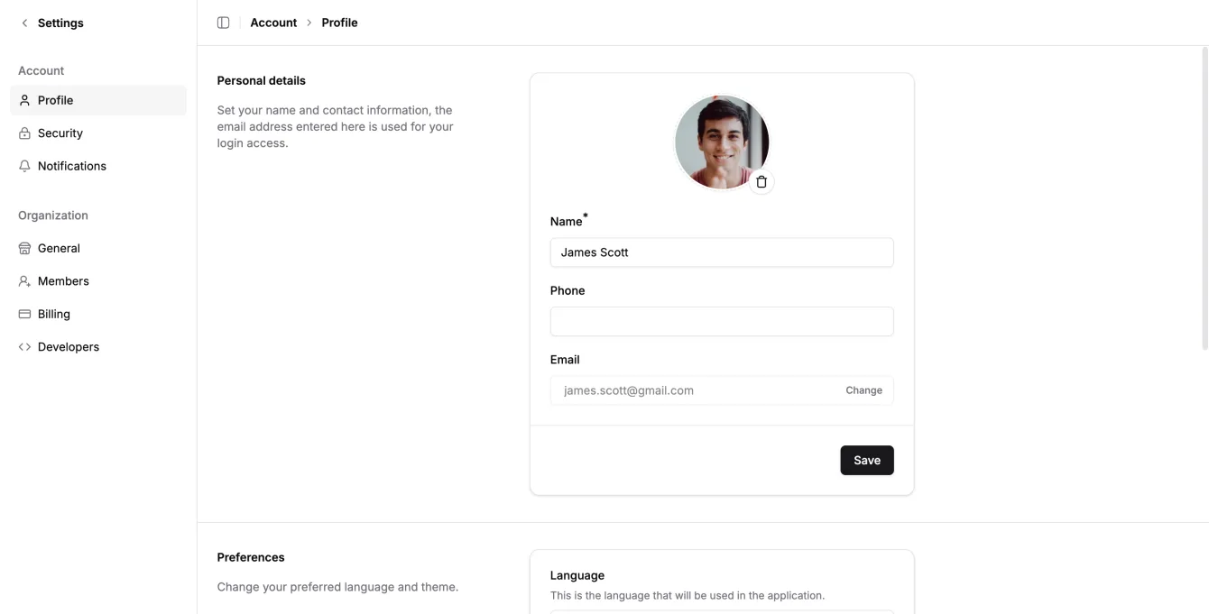 Screenshot of Achromatic settings page with profile and account options